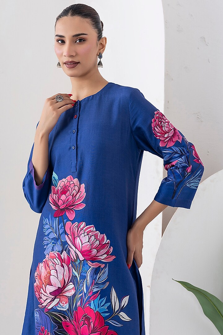 Cobalt Blue Silk Chanderi Floral Printed Tunic Set by Haute Mess at Pernia's Pop Up Shop