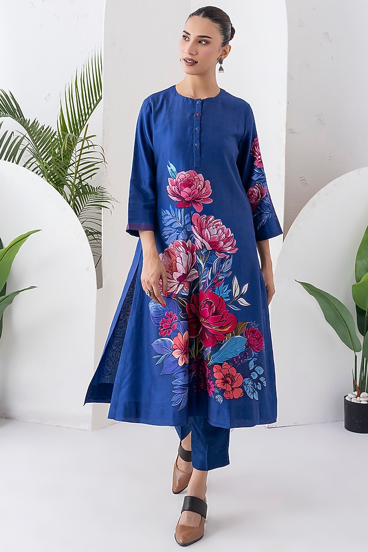 Cobalt Blue Silk Chanderi Floral Printed Tunic Set by Haute Mess at Pernia's Pop Up Shop