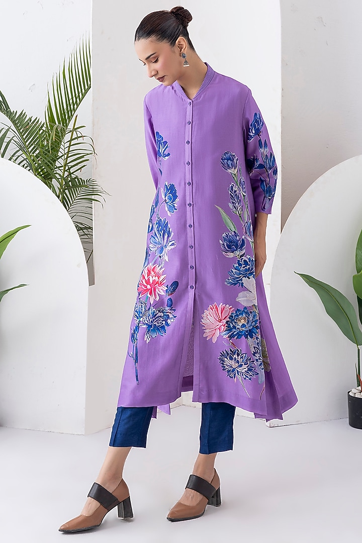 Lavender Silk Chanderi Digital Printed Tunic Set by Haute Mess at Pernia's Pop Up Shop