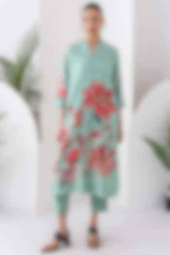 Mint Green Silk Chanderi Floral Printed Tunic Set by Haute Mess at Pernia's Pop Up Shop