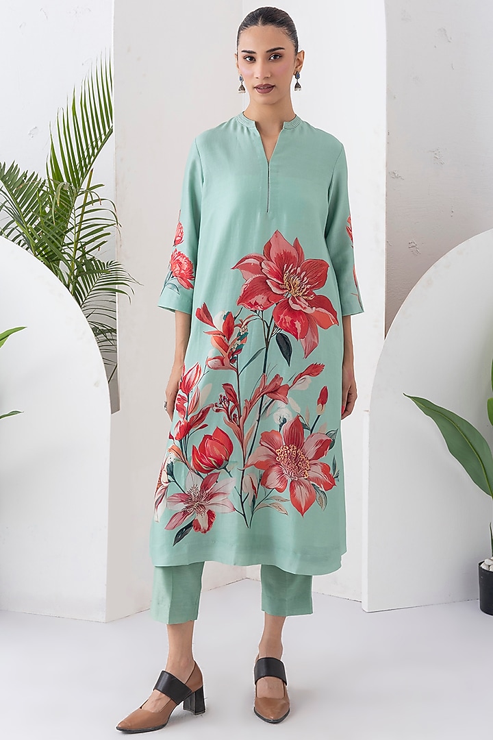 Mint Green Silk Chanderi Floral Printed Tunic Set by Haute Mess at Pernia's Pop Up Shop