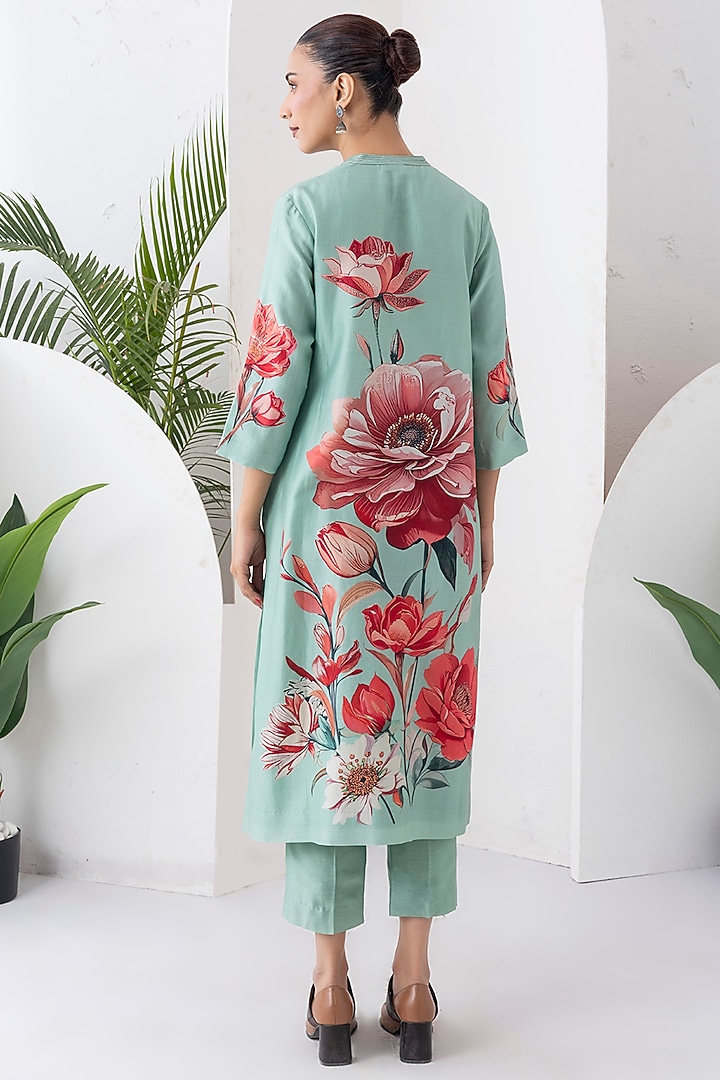 Mint Green Silk Chanderi Floral Printed Tunic Set by Haute Mess at Pernia's Pop Up Shop