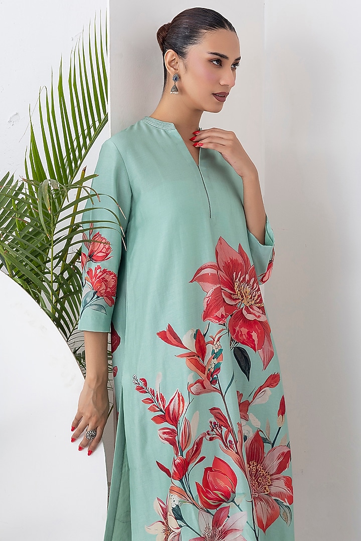 Mint Green Silk Chanderi Floral Printed Tunic Set by Haute Mess at Pernia's Pop Up Shop