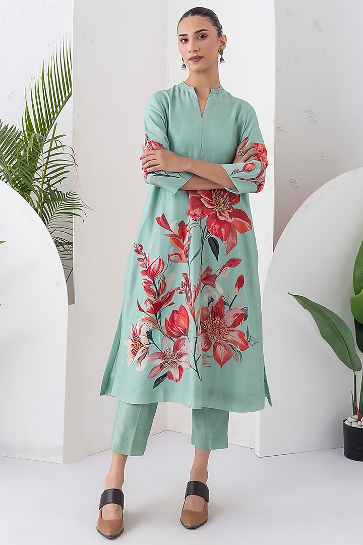 Mint Green Silk Chanderi Floral Printed Tunic Set by Haute Mess at Pernia's Pop Up Shop
