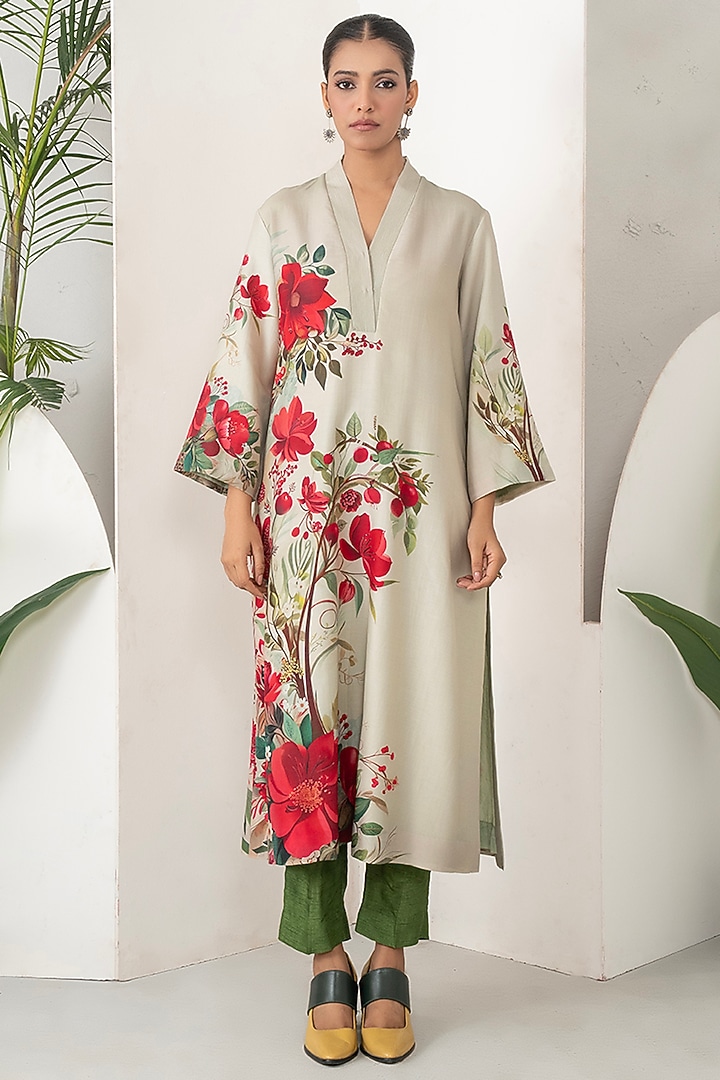 Beige Silk Chanderi Floral Printed Tunic Set by Haute Mess at Pernia's Pop Up Shop