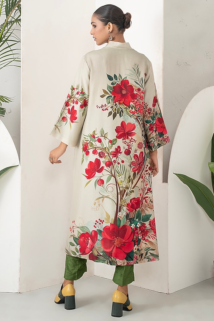 Beige Silk Chanderi Floral Printed Tunic Set by Haute Mess at Pernia's Pop Up Shop