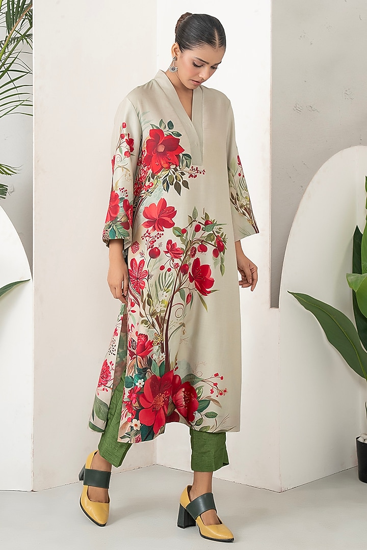 Beige Silk Chanderi Floral Printed Tunic Set by Haute Mess at Pernia's Pop Up Shop
