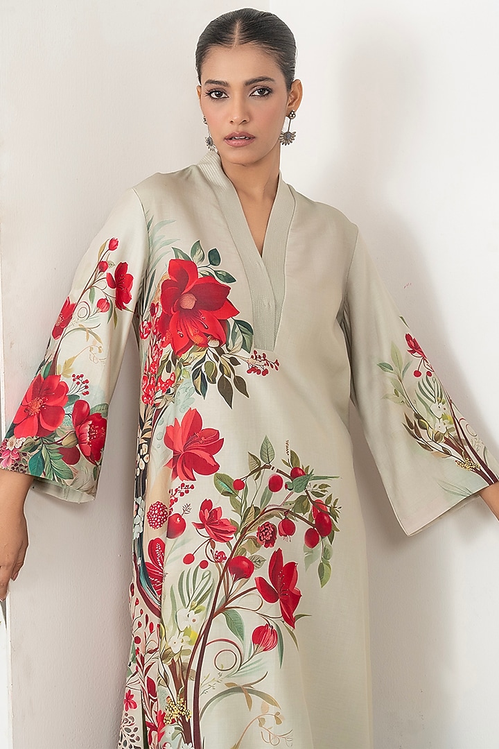 Beige Silk Chanderi Floral Printed Tunic Set by Haute Mess at Pernia's Pop Up Shop