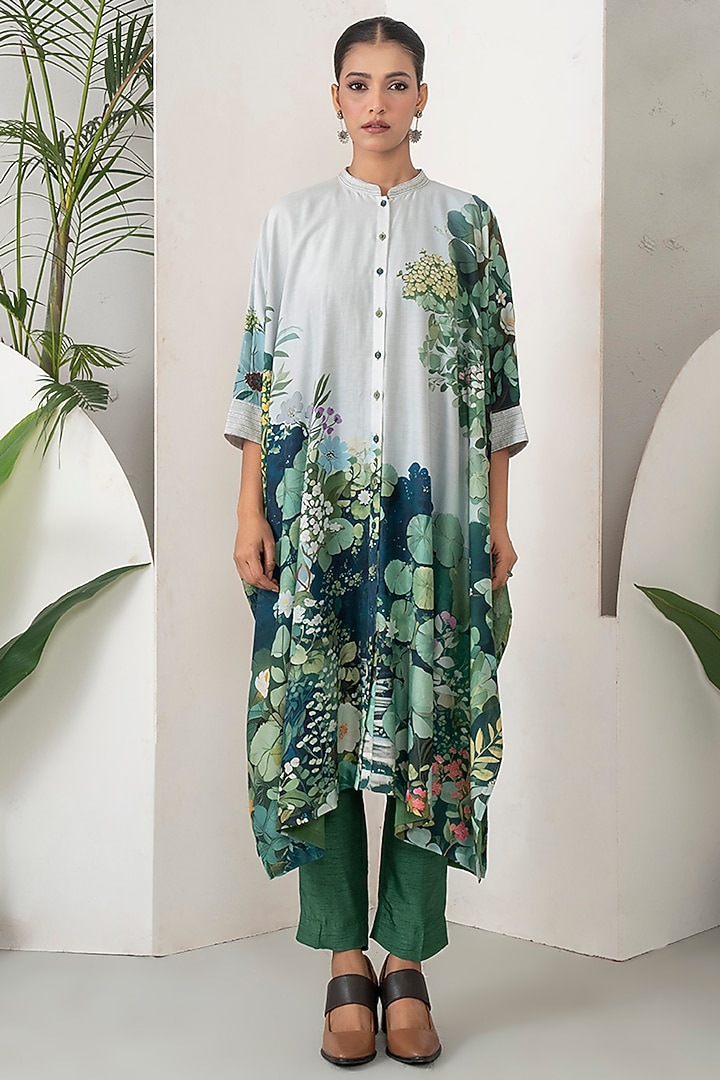 Ivory Silk Chanderi Botanical Printed Kaftan Set by Haute Mess at Pernia's Pop Up Shop