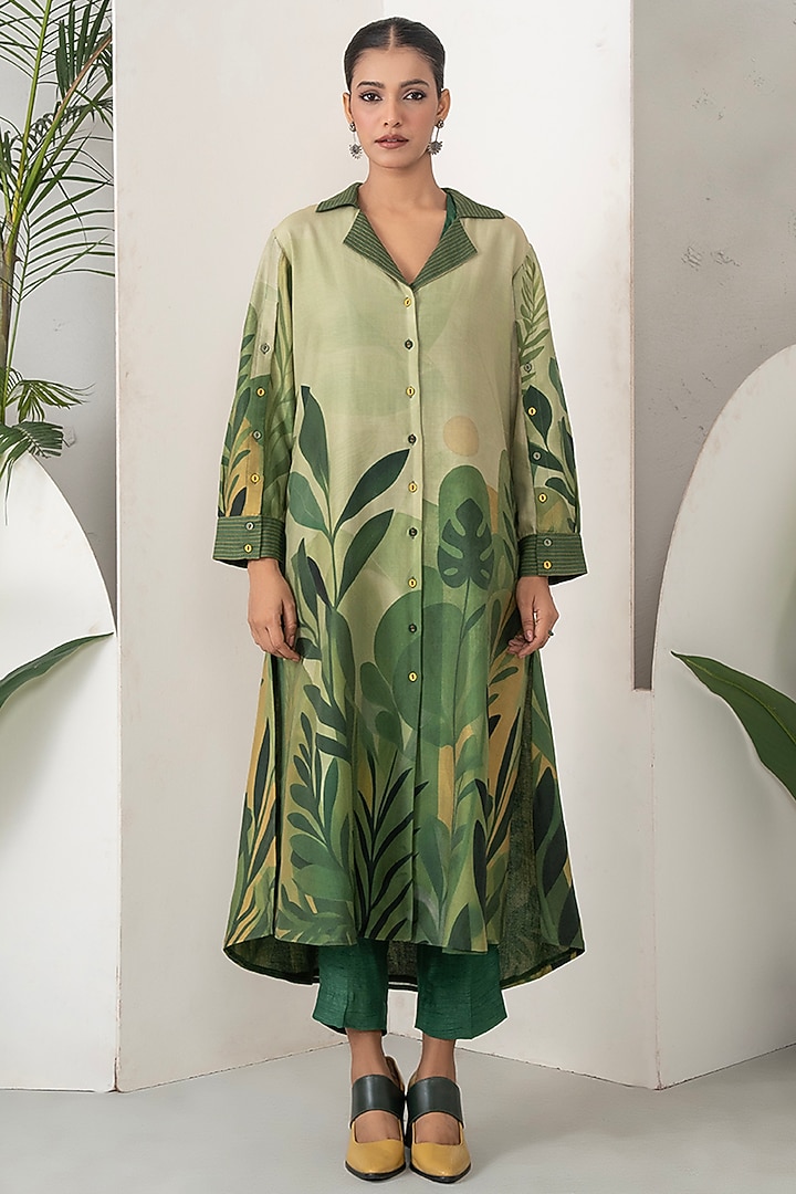 Green Silk Chanderi Botanical Printed Co-Ord Set by Haute Mess at Pernia's Pop Up Shop
