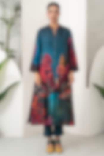Deep Teal & Twilight Blue Silk Chanderi Botanical Printed Co-Ord Set by Haute Mess at Pernia's Pop Up Shop