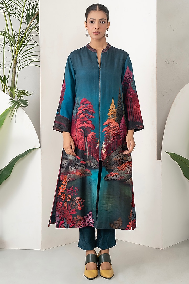 Deep Teal & Twilight Blue Silk Chanderi Botanical Printed Co-Ord Set by Haute Mess at Pernia's Pop Up Shop