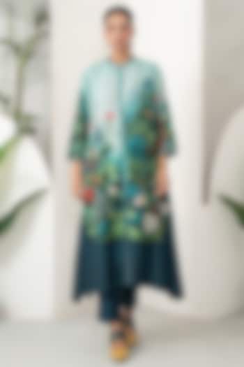 Mint & Midnight Blue Silk Chanderi Botanical Printed Co-Ord Set by Haute Mess at Pernia's Pop Up Shop