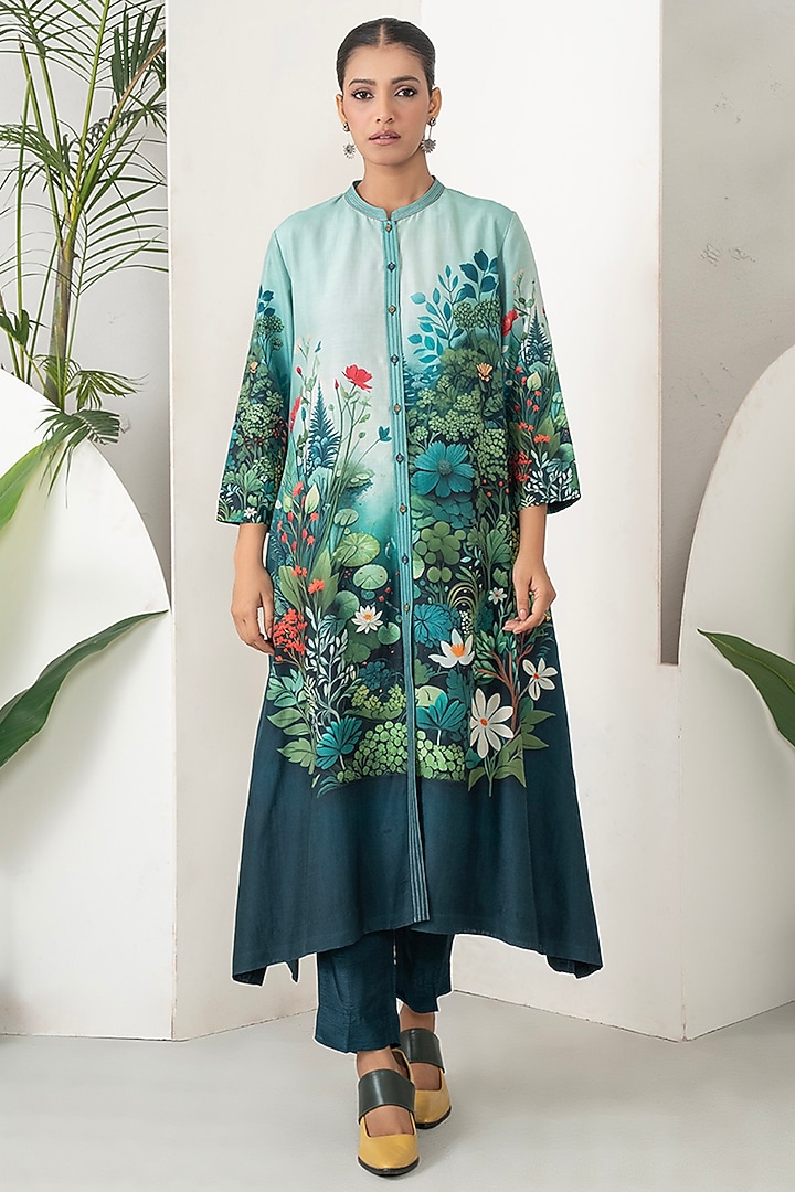 Mint & Midnight Blue Silk Chanderi Botanical Printed Co-Ord Set by Haute Mess at Pernia's Pop Up Shop