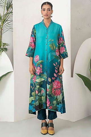 Aqua & Deep Blue Blue Silk Chanderi Botanical Printed Co-Ord Set by haute mess