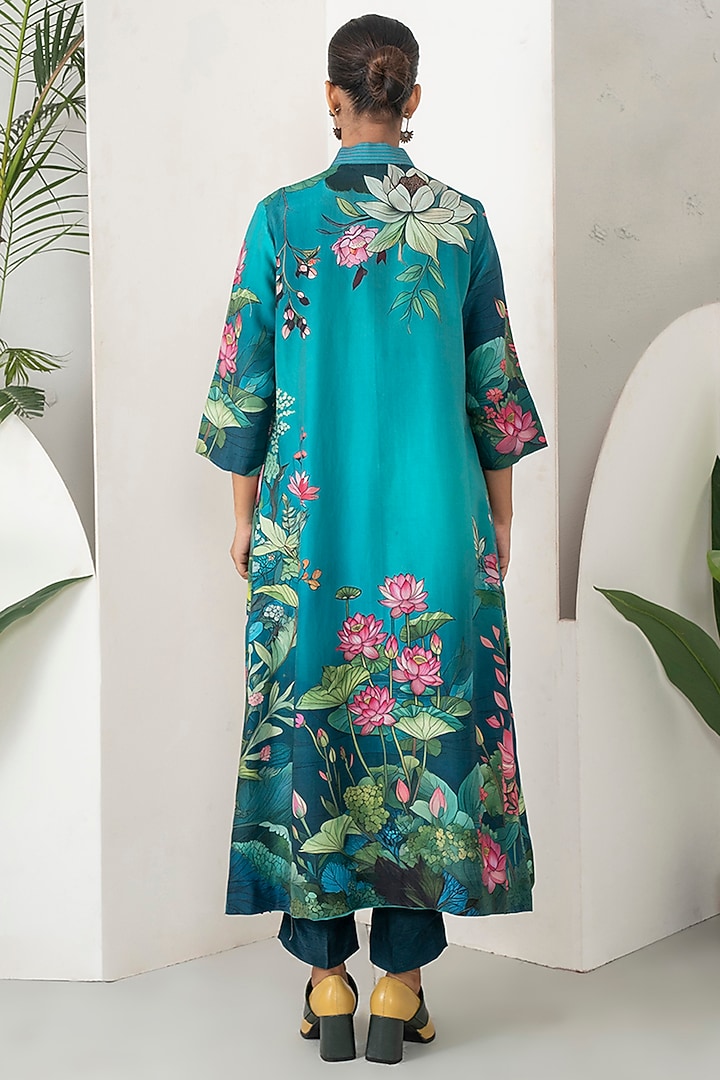 Aqua & Deep Blue Blue Silk Chanderi Botanical Printed Co-Ord Set by Haute Mess at Pernia's Pop Up Shop