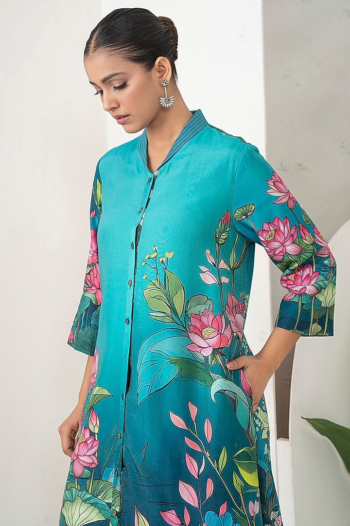 Aqua & Deep Blue Blue Silk Chanderi Botanical Printed Co-Ord Set by Haute Mess at Pernia's Pop Up Shop