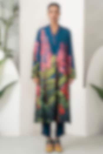 Indigo Silk Chanderi Botanical Floral Printed Co-Ord Set by Haute Mess at Pernia's Pop Up Shop