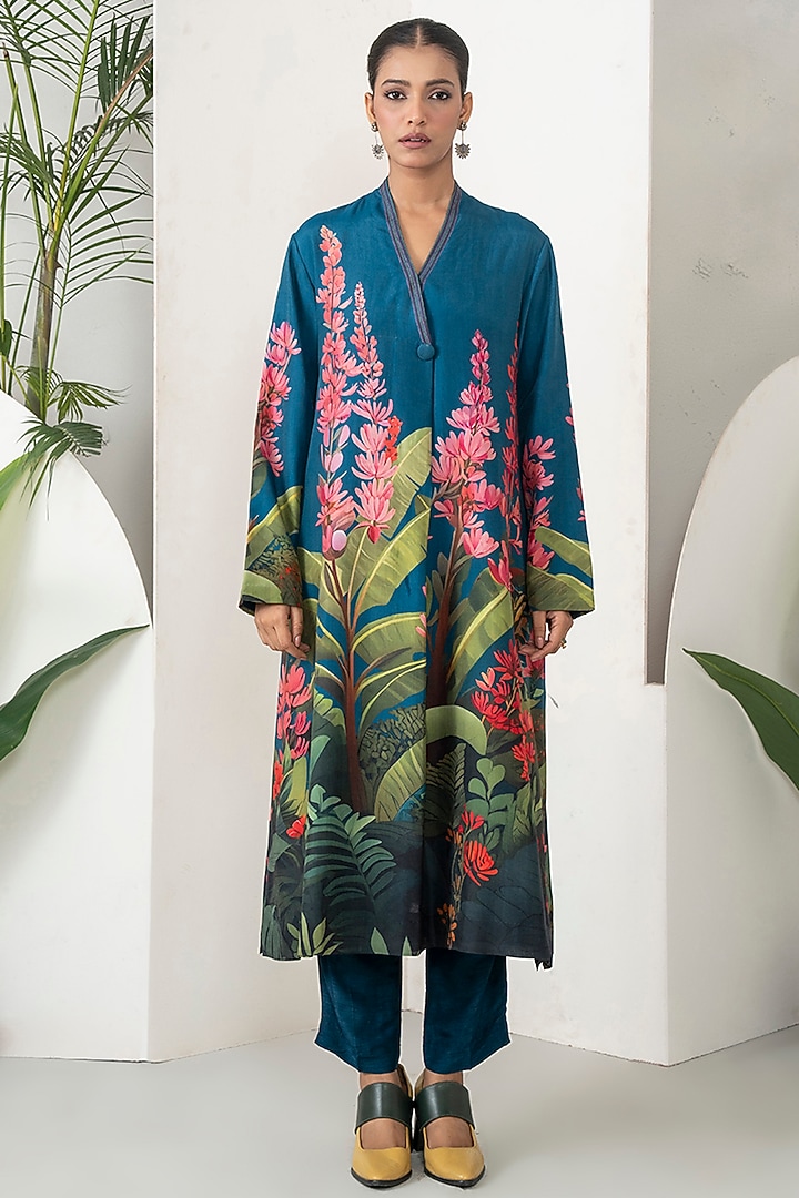 Indigo Silk Chanderi Botanical Floral Printed Co-Ord Set by Haute Mess at Pernia's Pop Up Shop