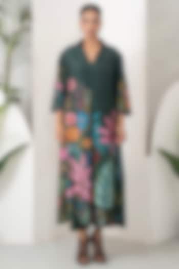 Dark Green Silk Chanderi Floral Printed Pleated Co-Ord Set by Haute Mess at Pernia's Pop Up Shop