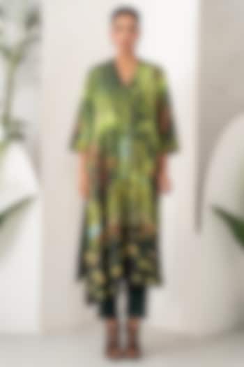 Green Silk Chanderi Botanical Floral Printed Co-Ord Set by Haute Mess at Pernia's Pop Up Shop
