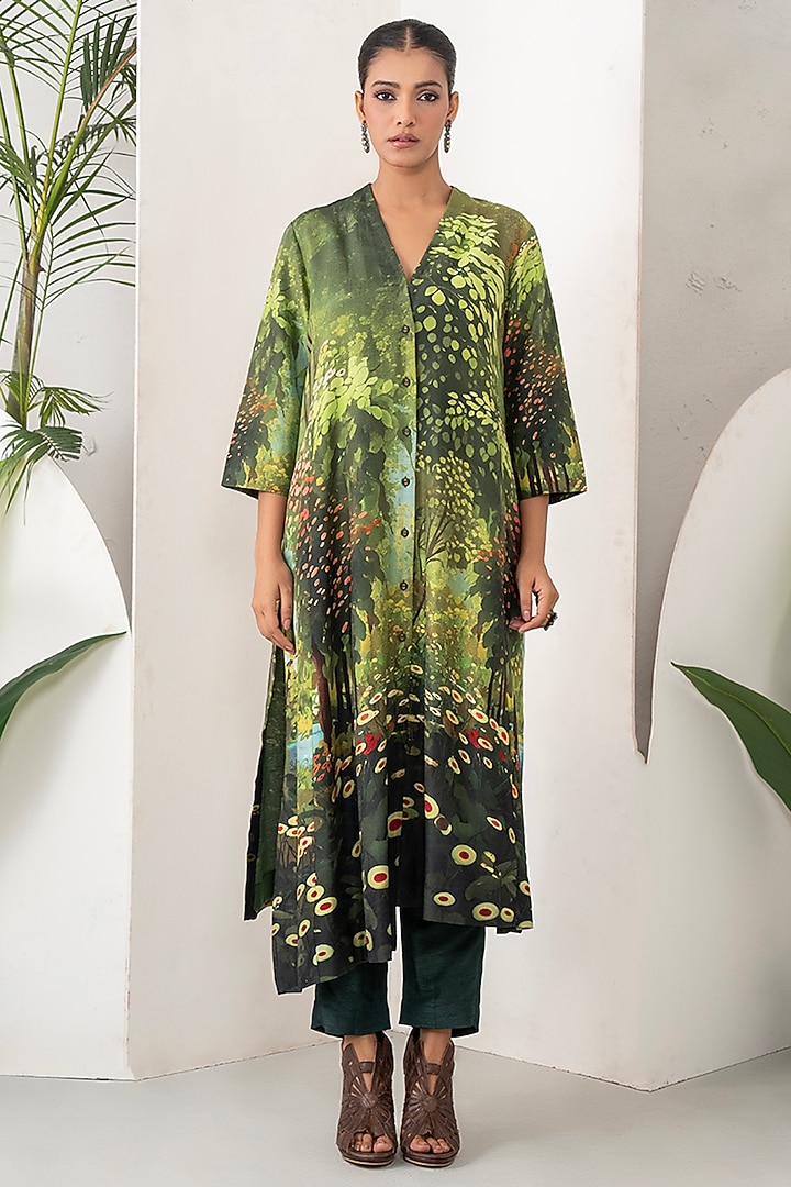 Green Silk Chanderi Botanical Floral Printed Co-Ord Set by Haute Mess at Pernia's Pop Up Shop