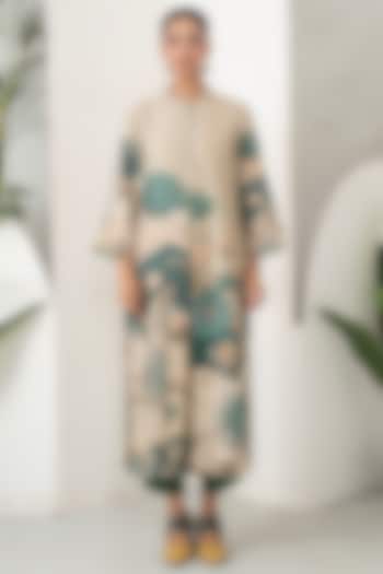 Beige Silk Chanderi Floral Artwork Tunic Set by Haute Mess at Pernia's Pop Up Shop