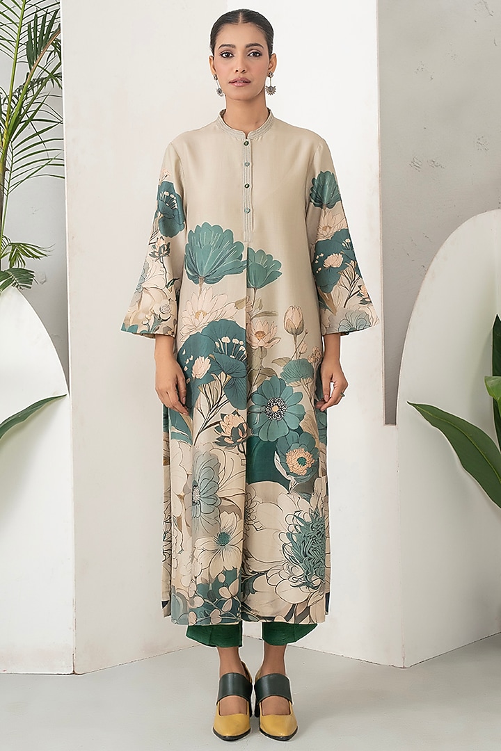 Beige Silk Chanderi Floral Artwork Tunic Set by Haute Mess at Pernia's Pop Up Shop