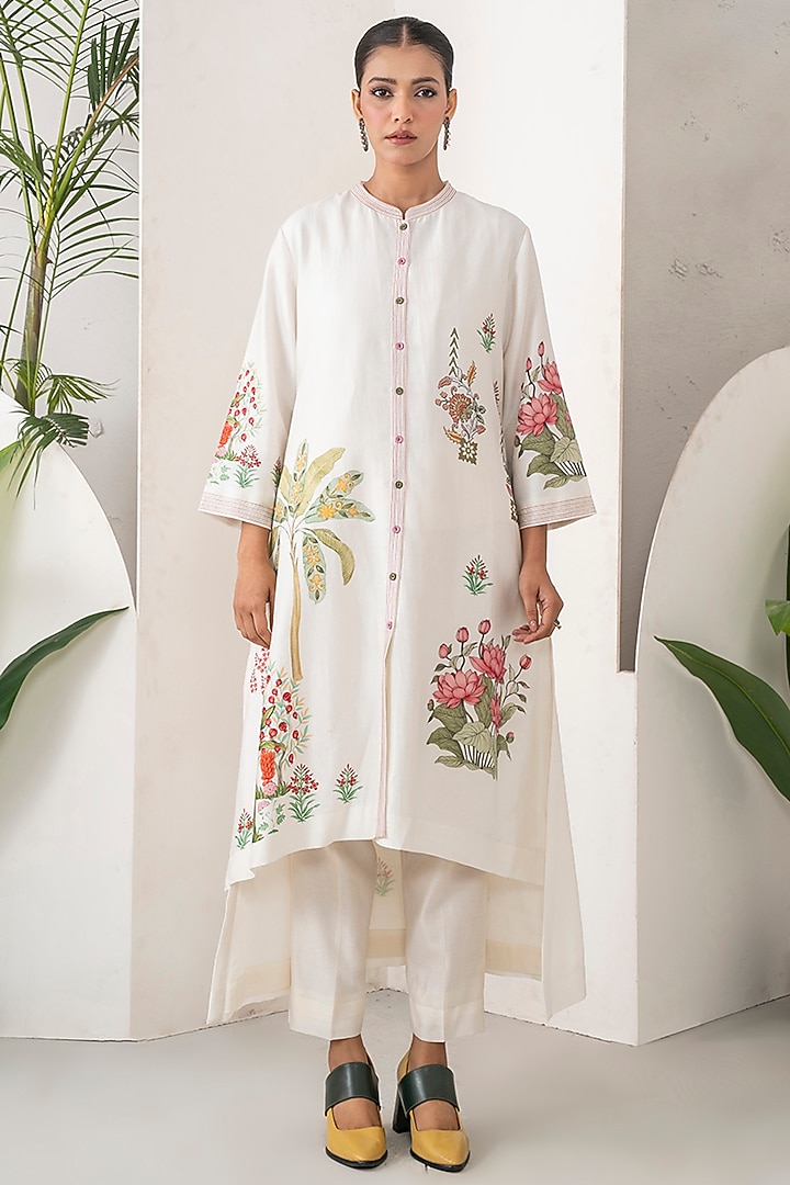 Ivory Silk Chanderi Floral Printed High-Low Tunic Set by Haute Mess at Pernia's Pop Up Shop