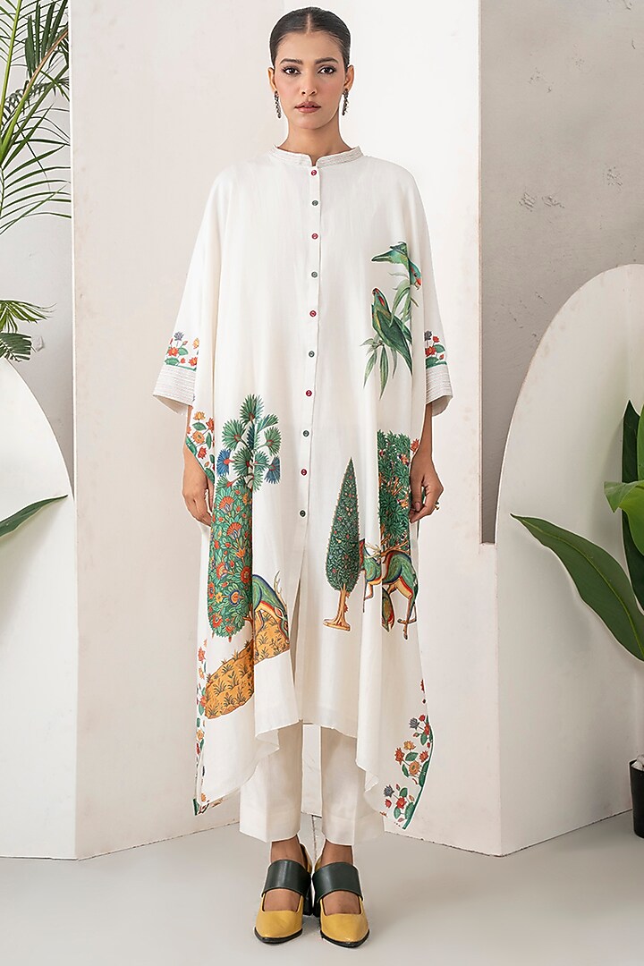 Ivory Silk Chanderi Printed Kaftan Set by Haute Mess at Pernia's Pop Up Shop