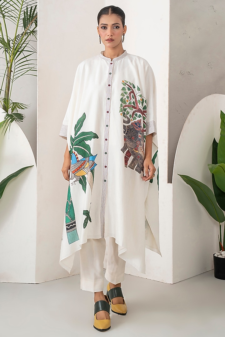 Ivory Silk Chanderi Foil Printed Kaftan Set by Haute Mess at Pernia's Pop Up Shop