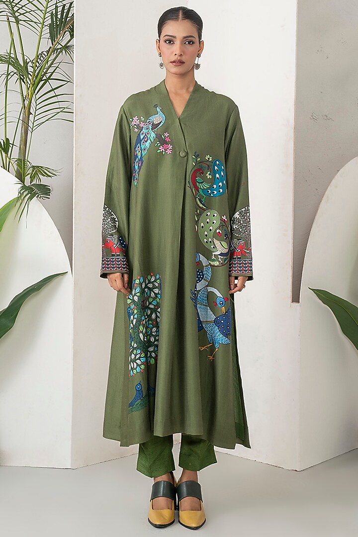 Leaf Green Silk Chanderi Printed Tunic Set by Haute Mess at Pernia's Pop Up Shop