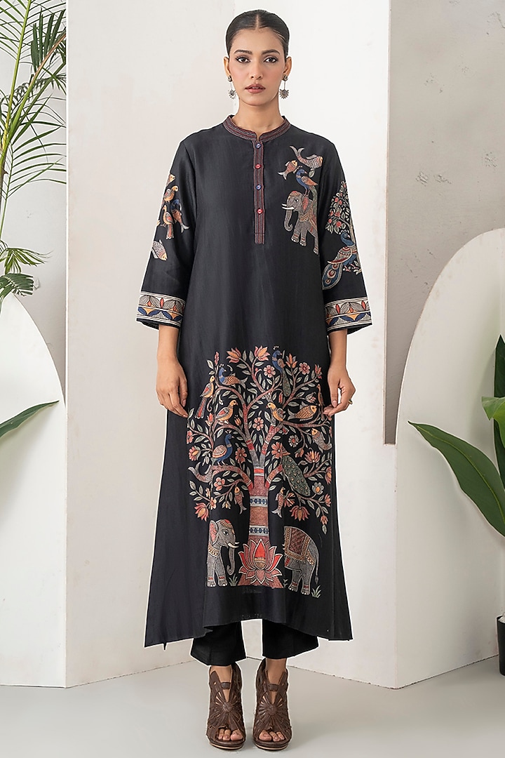 Black Silk Chanderi Printed Tunic Set by Haute Mess at Pernia's Pop Up Shop