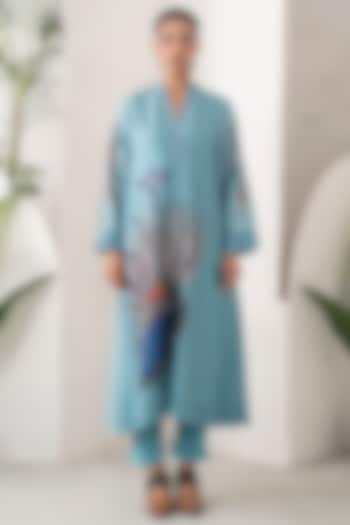 Sky Blue Silk Chanderi Peacock Printed Tunic Set by Haute Mess at Pernia's Pop Up Shop