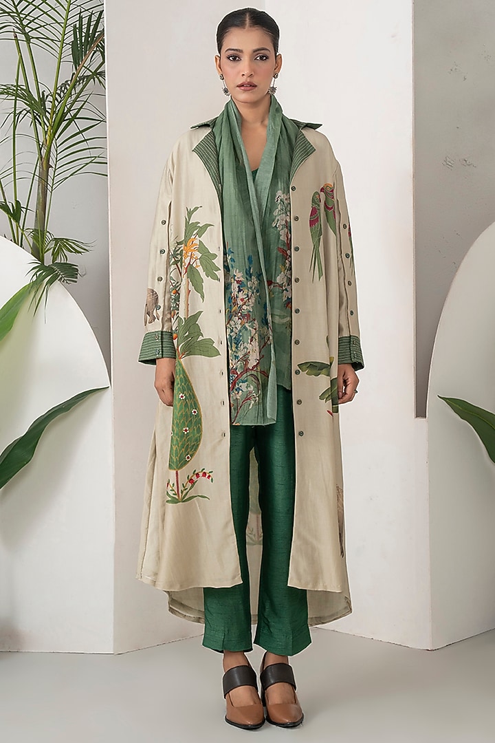Beige Silk Chanderi Printed Tunic Set by Haute Mess at Pernia's Pop Up Shop