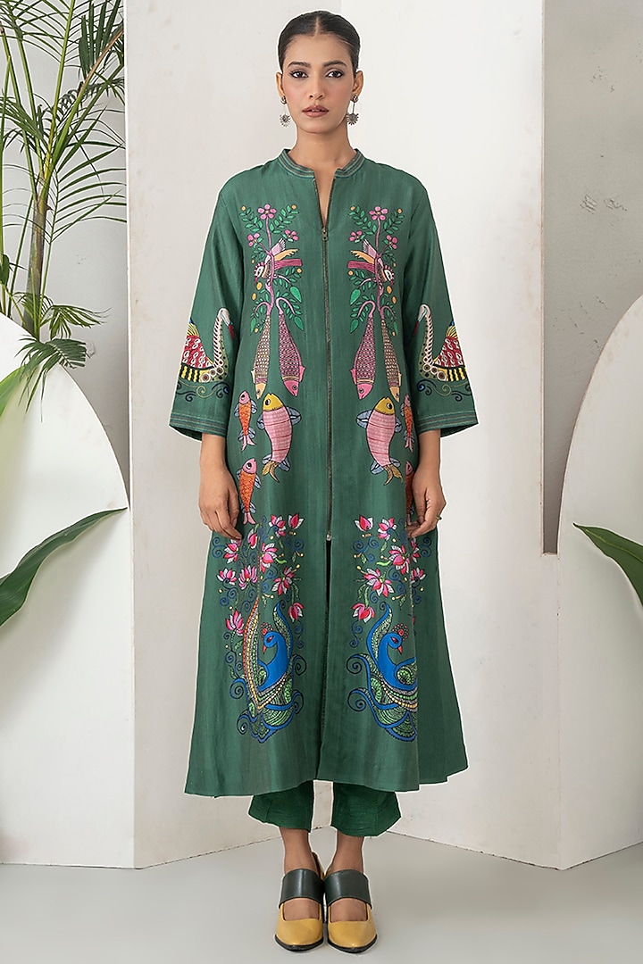 Emerald Silk Chanderi Printed Tunic Set by Haute Mess at Pernia's Pop Up Shop