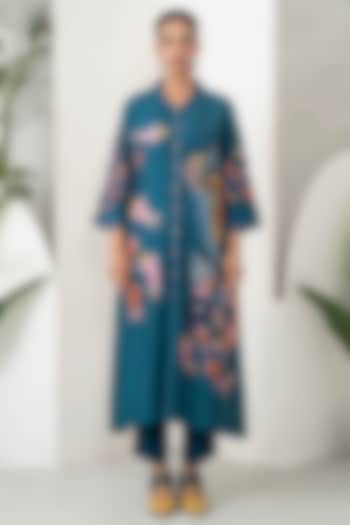 Indigo Chanderi Silk Printed Tunic Set by Haute Mess at Pernia's Pop Up Shop