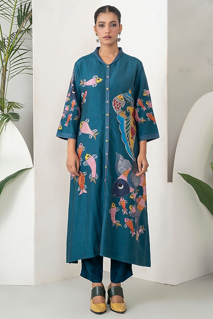 Indigo Chanderi Silk Printed Tunic Set by Haute Mess at Pernia's Pop Up Shop