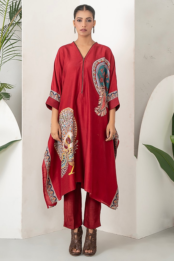 Maroon Silk Chanderi Peacock Printed Kaftan Set by Haute Mess at Pernia's Pop Up Shop