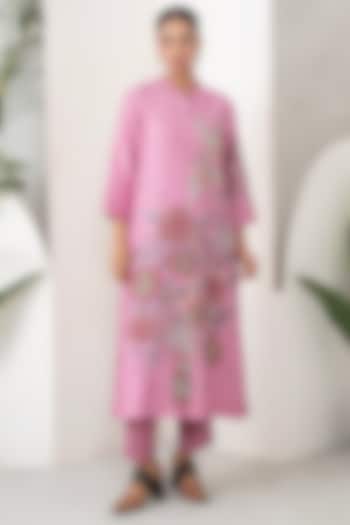 Salmon Pink Silk Chanderi Printed Tunic Set by Haute Mess at Pernia's Pop Up Shop