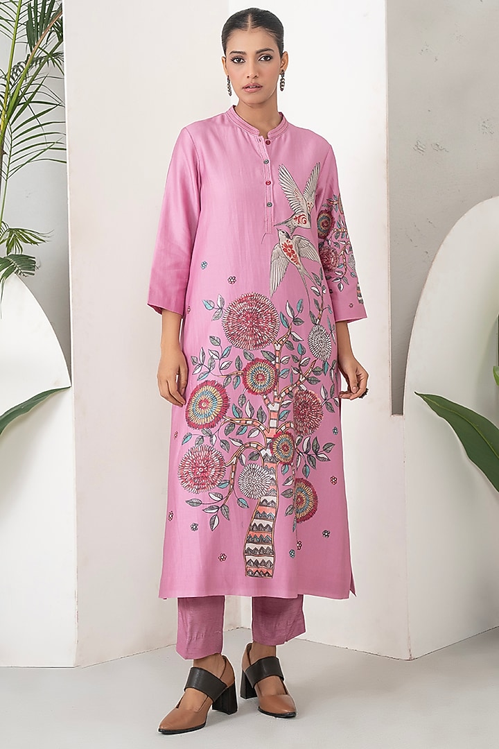 Salmon Pink Silk Chanderi Printed Tunic Set by Haute Mess at Pernia's Pop Up Shop