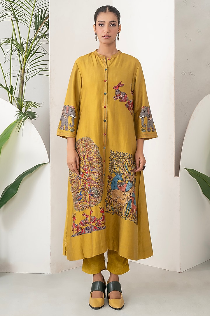 Mustard Silk Chanderi Printed Tunic Set by Haute Mess at Pernia's Pop Up Shop