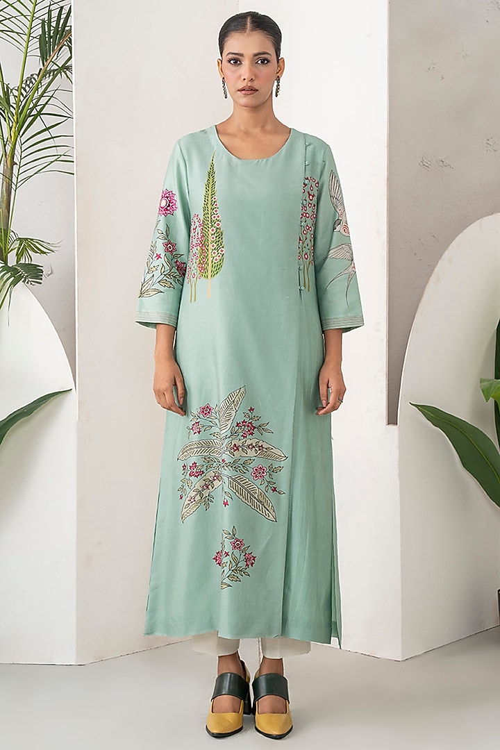 Mint Silk Chanderi Printed Tunic Set by Haute Mess at Pernia's Pop Up Shop