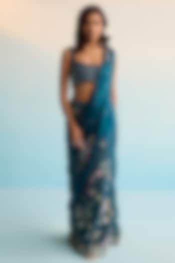 Teal Blue Organza Sequins & Cutdana Work Pre-Draped Reception Saree Set by House of Armuse at Pernia's Pop Up Shop