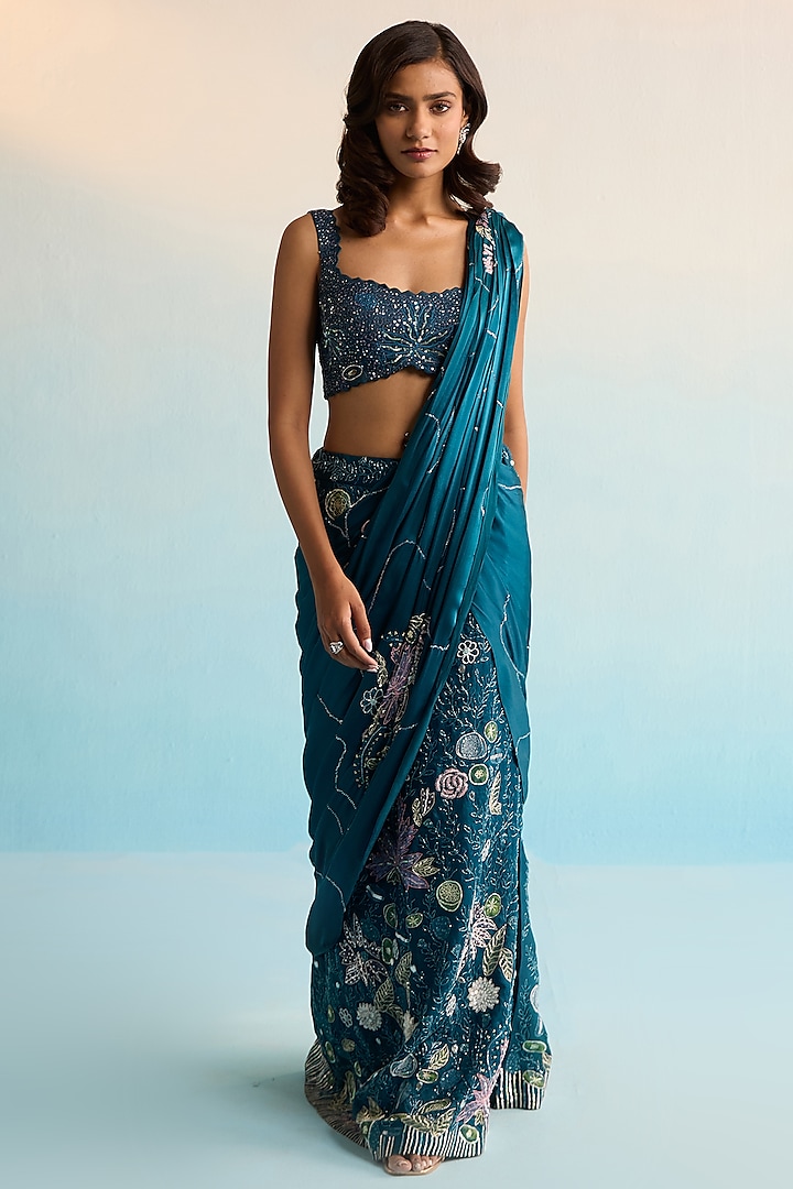 Teal Blue Organza Sequins & Cutdana Work Pre-Draped Reception Saree Set by House of Armuse at Pernia's Pop Up Shop