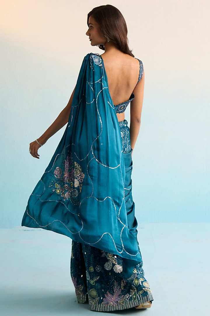 Teal Blue Organza Sequins & Cutdana Work Pre-Draped Reception Saree Set by House of Armuse at Pernia's Pop Up Shop