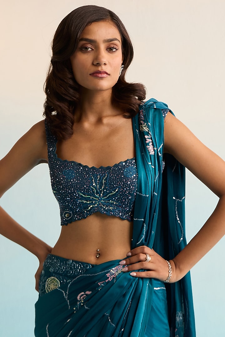 Teal Blue Organza Sequins & Cutdana Work Pre-Draped Reception Saree Set by House of Armuse at Pernia's Pop Up Shop