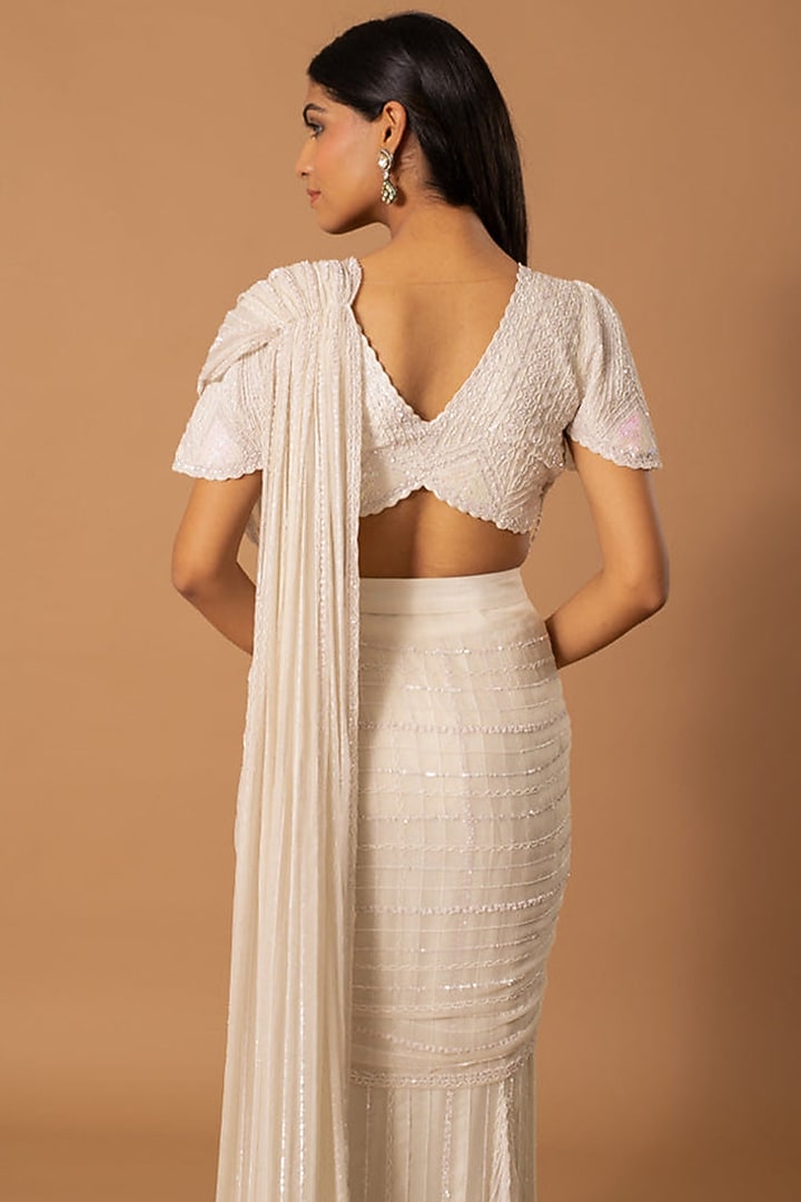 Ivory Organza Sequins & Cutdana Work Pre-Draped Reception Saree Set by House of Armuse at Pernia's Pop Up Shop
