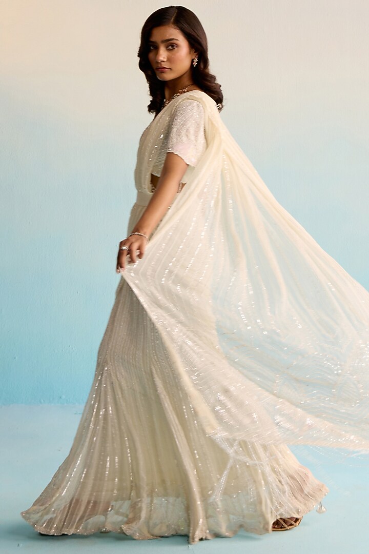 Ivory Organza Sequins & Cutdana Work Pre-Draped Reception Saree Set by House of Armuse at Pernia's Pop Up Shop