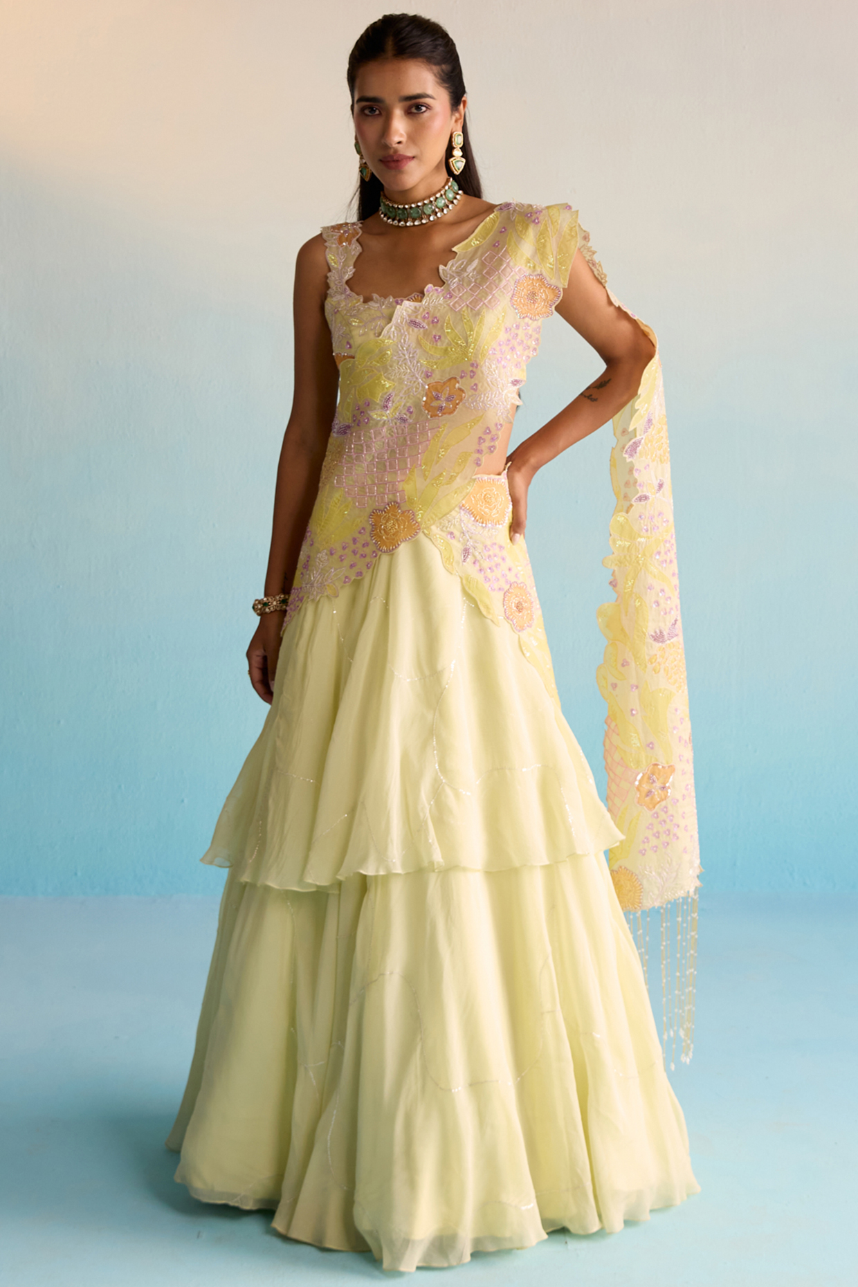 Yellow Soft Organza Cutdana & Sequins Work Drape Wedding Lehenga Set by House of Armuse at Pernia's Pop Up Shop